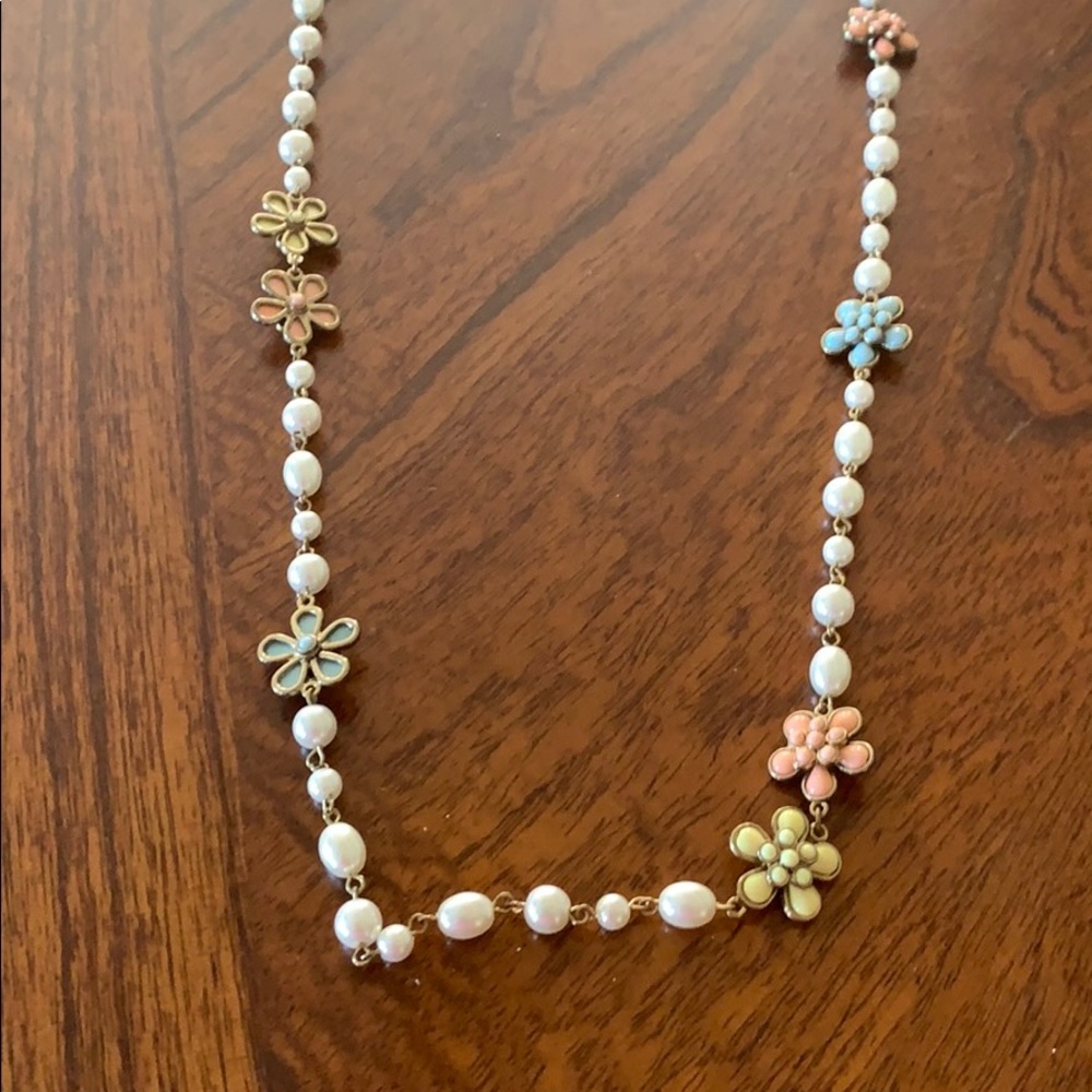 Long Faux Pearl and Colored Flower Necklace